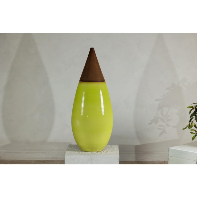 Late 20th Century Large Yellow and Brown Artisan Ceramic Vase with Teardrop Tapered Form For Sale - Image 16 of 18