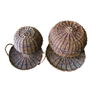 Vintage Handwoven Rattan Cloche and Tray
