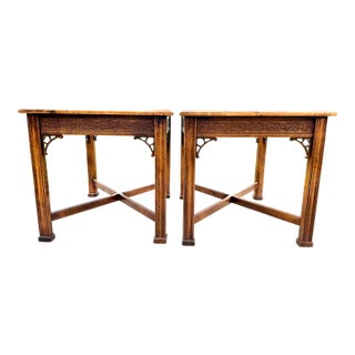 1970s Pair Glass Top Side Tables With Fretwork For Sale