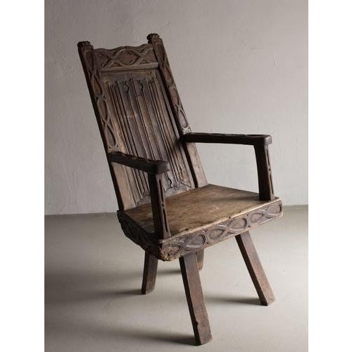 Brown Antique Primitive Carved Oak Armchair, Belgium For Sale - Image 8 of 16