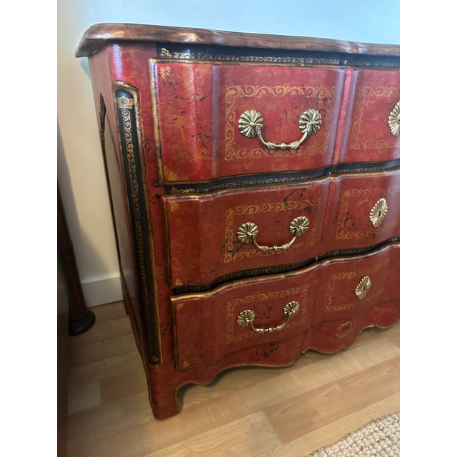 Theodore Alexander Theodore Alexander Red Leather-Wrapped Serpentine Three-Drawer Chest With Gilt Decoration For Sale - Image 4 of 16