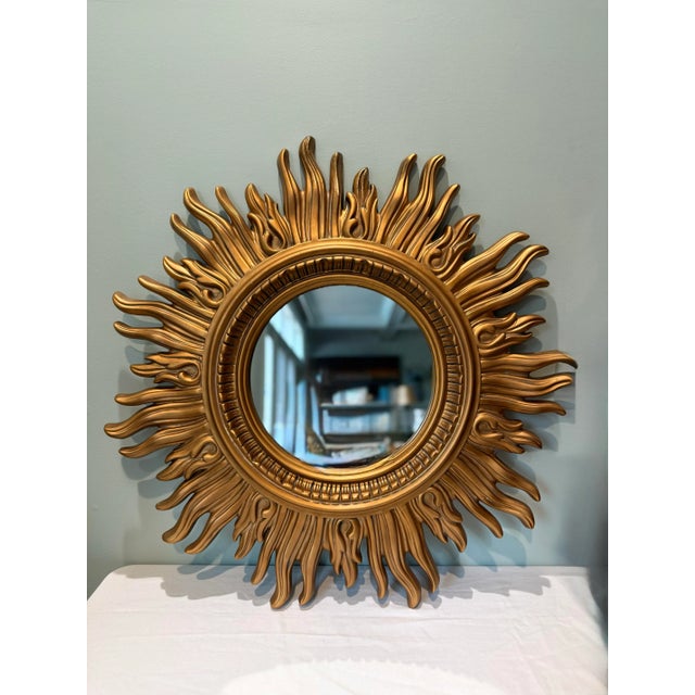 1980s Vintage Gold Sunburst Wall Mirror; Hollywood Regency Style For Sale - Image 5 of 5