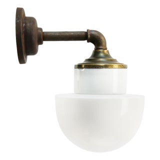 Vintage Industrial White Opaline Glass, Brass, and Cast Iron Sconce For Sale