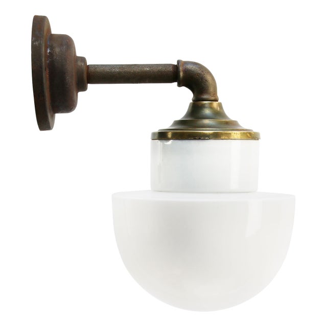 Vintage Industrial White Opaline Glass, Brass, and Cast Iron Sconce For Sale