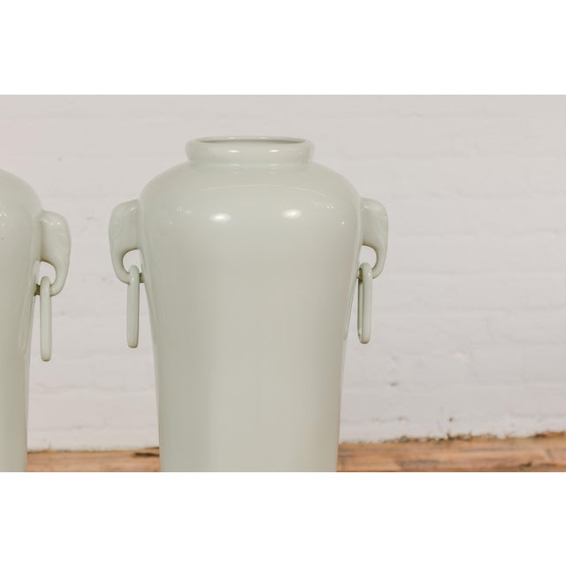Tall and Slender Vintage White Porcelain Elephant Handles Altar Vases - A Pair For Sale - Image 4 of 12