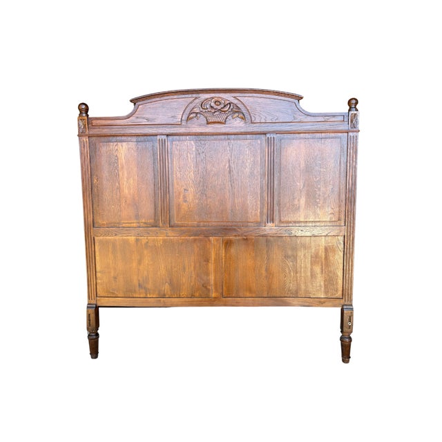 Antique Solid Oak Twin Panel Bed With Matching Rails & Carved Floral Headboard & Footboard For Sale In Dallas - Image 6 of 9