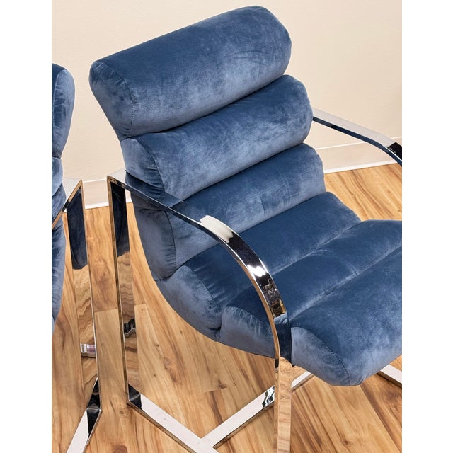 Vintage Newly Upholstered Blue Velvet Chrome Sling Chairs, a Pair For Sale - Image 16 of 18