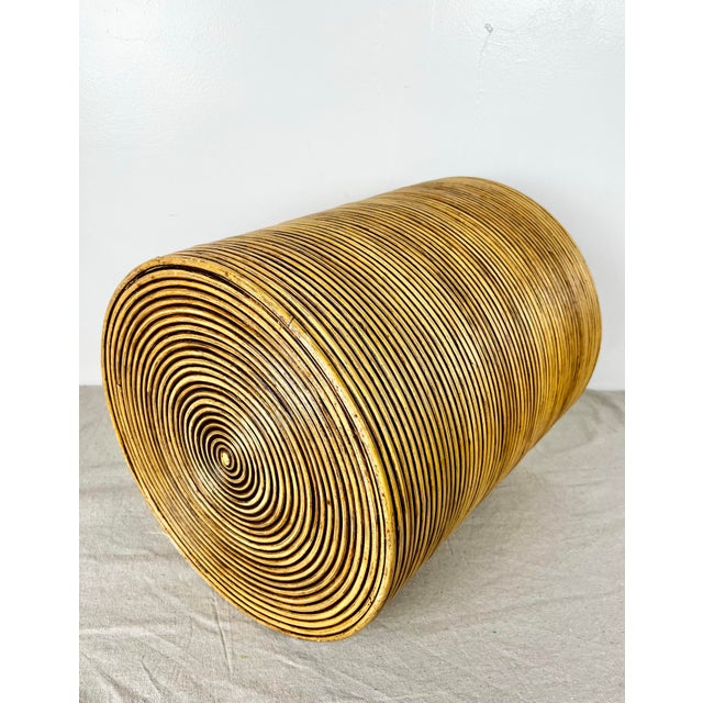 Wood Vintage Pencil Reed Rattan Drum Side Table Hamper For Sale - Image 7 of 7