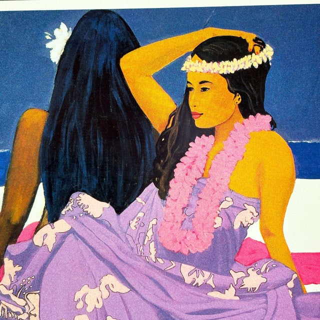 Blue 1980 "Wahine" & "Lei Wahine" Lithograph Prints by Luigi Fumagalli in Koa Frame, Pair For Sale - Image 8 of 11
