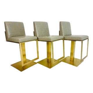 Set of 3 Lisa Taylor “Lobby” Brass Swivel Counter Stools, Usa For Sale