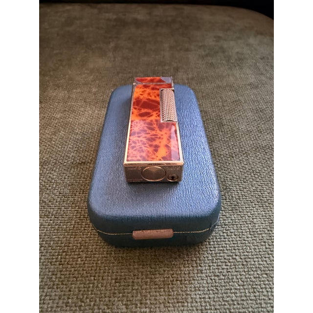 Art Deco Rare Vintage Dunhill Gold Plated Cognac Marble Lacquer Lighter Original Sky Case For Sale - Image 3 of 15
