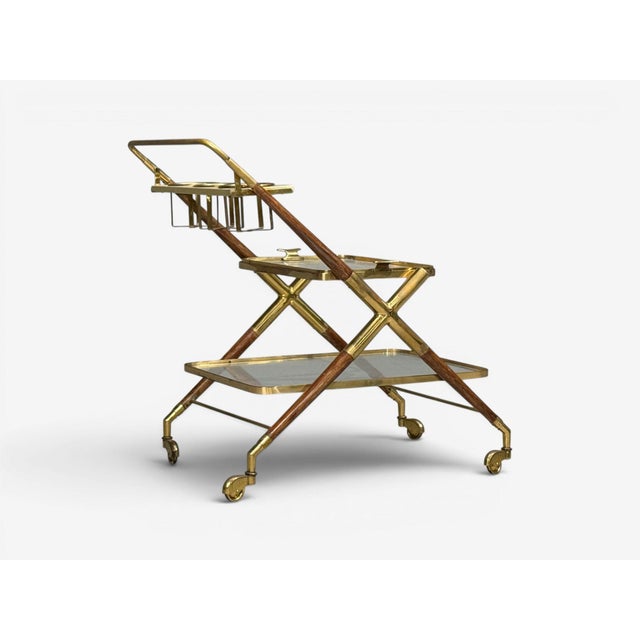 1950s Italian Modern, Bar Cart, Teak, Brass, Glass, Italy, 1950s For Sale - Image 5 of 10