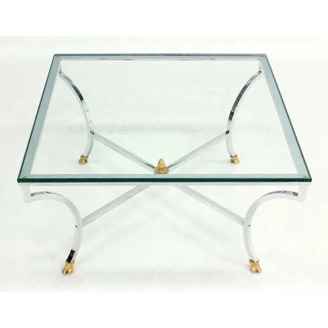 Mid 20th Century Mid-Century Modern Hoof Brass Feet Chrome and 3/4" Glass Square Coffee Table For Sale - Image 5 of 11