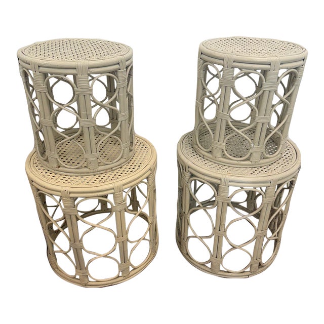 Set of 4 Vintage Rattan and Cane Accent Tables For Sale