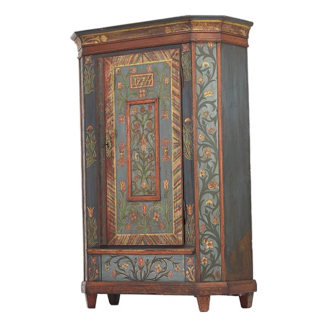 Rustic Farmhouse Folk Art Painted Bridal Cabinet, 1834 For Sale
