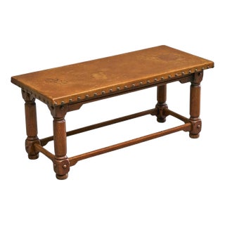 Mid-Century Spanish Coffee Table in Oak and Patinated Leather, 1940s For Sale