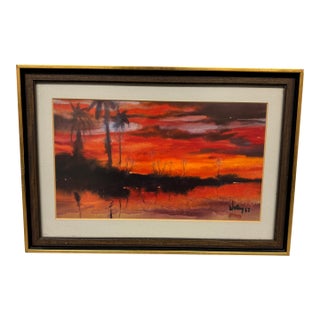 J. Chang Tropical Sunset Palm Trees Watercolor Painting, Signed For Sale