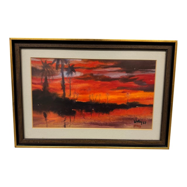 J. Chang Tropical Sunset Palm Trees Watercolor Painting, Signed For Sale