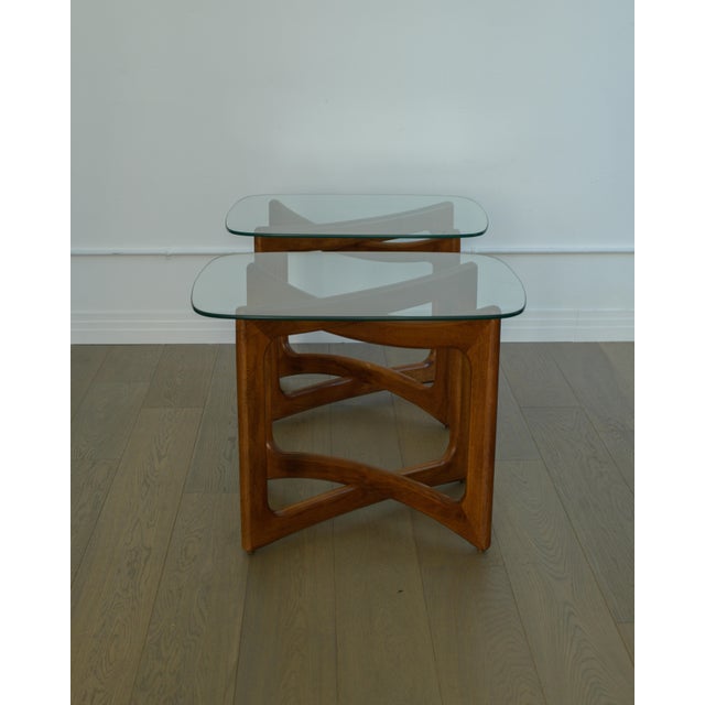 Mid-Century Modern Attributed to Adrian Pearsall Walnut & Glass Top Side Tables, Pair, 1970s For Sale - Image 3 of 11