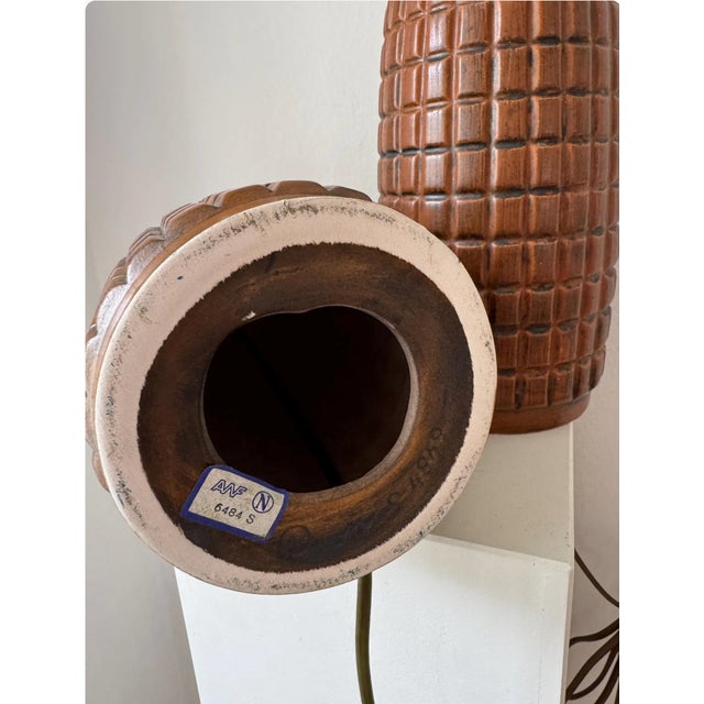 Pair of stylish vintage stoneware table lamp foots structured relief designed and manufactured by Anorld Wiigs, Norway...