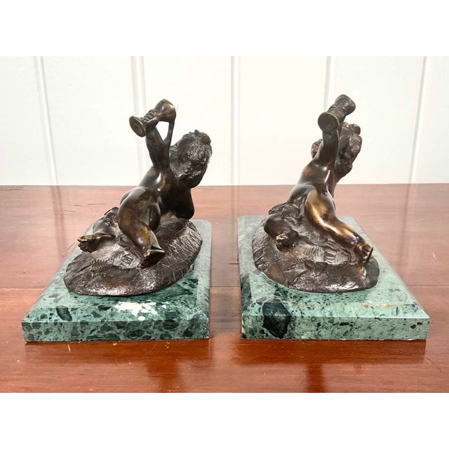 Mid 20th Century Pair of Vintage Bronze Belle Époque Style Bacchic Putti Bookends on Verde Marble, in the Manner of Auguste Moreau For Sale - Image 5 of 12