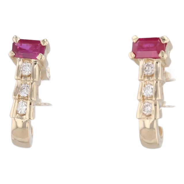0.93ctw Ruby Diamond J-Hook Earrings 14k Yellow Gold Drops For Sale