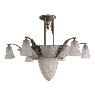 Sevb Antique French Art Deco Cut Glass Slip Shade 6 Arm Skyscraper Chandelier 38" For Sale
