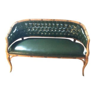 1940s Vintage Library Green Tufted Faux Leather and Bamboo Settee For Sale