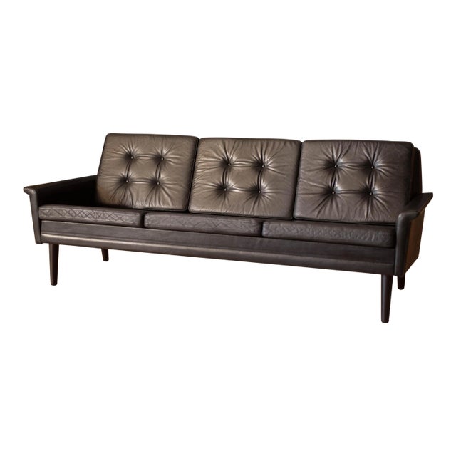 Vintage Scandinavian Rosewood and Black Leather Three Seat Sofa For Sale