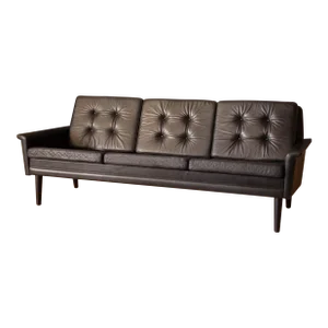 Vintage Scandinavian Rosewood and Black Leather Three Seat Sofa