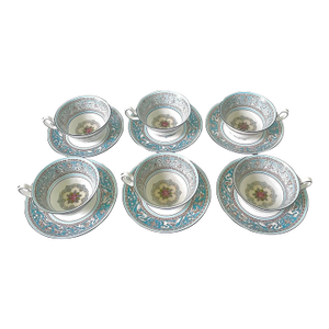Vintage Wedgwood Florentine Pattern Tea Cup and Saucer Set - Set of 6