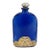 Vintage Cobalt Blue Spanish Art Glass Flask With Ornate Embossed Scrollwork Medallion For Sale