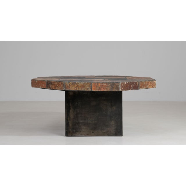 Metal Octagonal Brutalist Slate Stone Table With Iron Base For Sale - Image 7 of 11