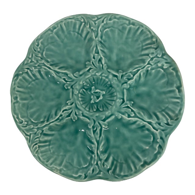 1940s French Gien Turquoise Majolica Oyster Plate For Sale
