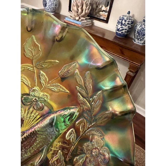 Green Antique Millersburg Trout & Fly Carnival Glass 3n1 Bowl, Radium Green and Marigold For Sale - Image 8 of 11