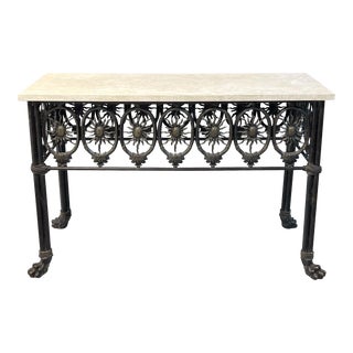 1990s Bronze & Travertine Paw Feet & Sun Design Console Table For Sale