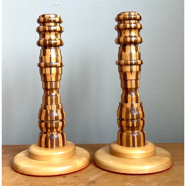 Vintage Inlaid Wood Candlesticks - A Pair For Sale - Image 9 of 12