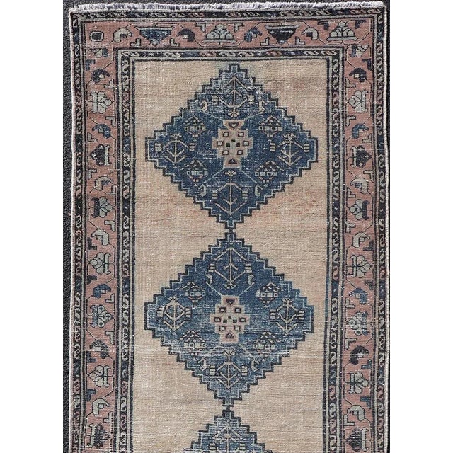 Tribal Vintage Persian Hamadan Distressed Runner With Medallion Design in Navy Blue Keivan Woven Arts For Sale - Image 3 of 11