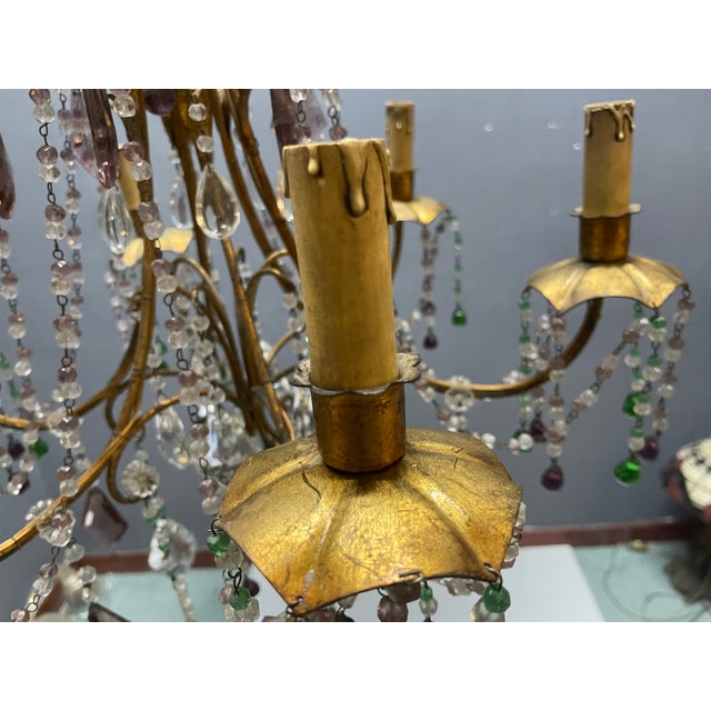 Glass Italian Florentine Tole Gilt Murano Glass Beaded 6-Light Chandelier, 1950s For Sale - Image 7 of 17