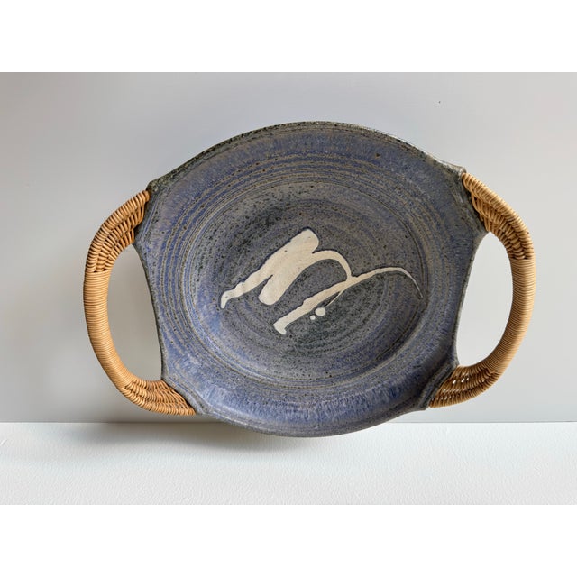 1980s 1980’s Jensen Art Studio Stoneware Wall Plate / Bowl With Woven Wicker Handles For Sale - Image 5 of 12