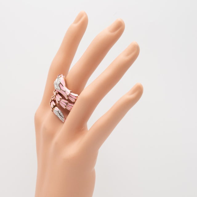 Metal Alexis Ny Diamond Ruby Pink Enamel Serpent Wrap Ring in 18k and Sterling, Size 6 For Sale - Image 7 of 12