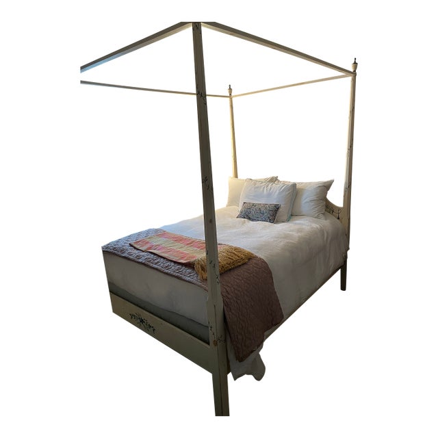 1980s Hand Painted Country French Four Poster Canopy Full Size Bed For Sale