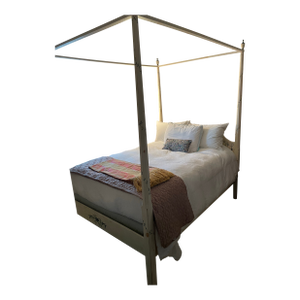 1980s Hand Painted Country French Four Poster Canopy Full Size Bed