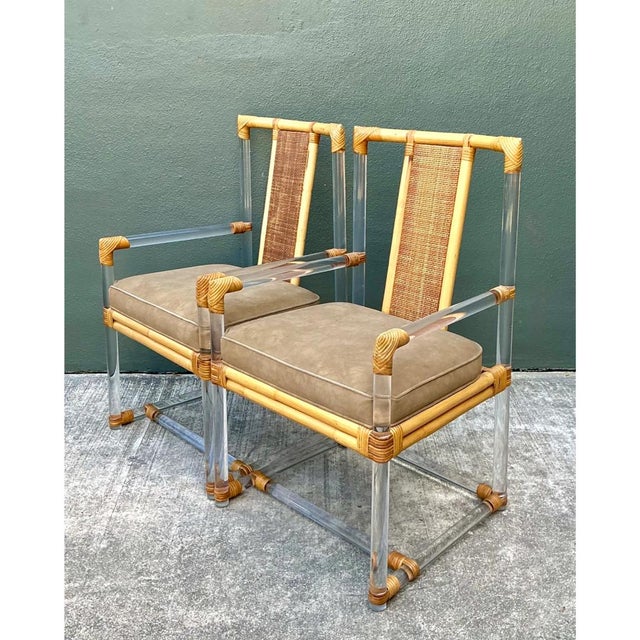 Vintage Four Seasons Lucite and Rattan Armchairs - Pair For Sale - Image 10 of 12