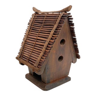 Large Rustic Wooden Birdhouse – Natural Twig Roof Garden Decor For Sale