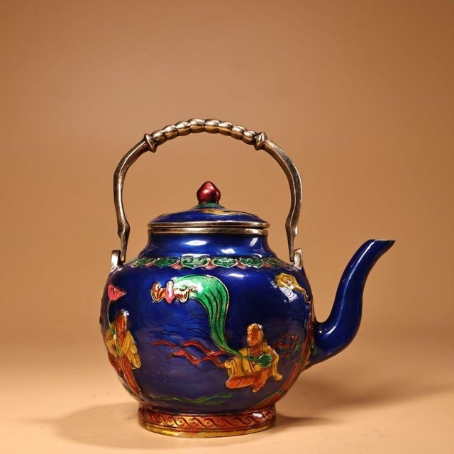 Late 20th Century Cloisonné Enamel "Two Immortals" Teapot With Figural Scenes For Sale - Image 4 of 9