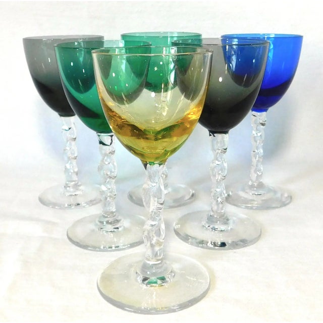 Beautiful set of six vintage multi-colored twisted glass stem cordial shot glasses. Just Gorgeous! Colored glass with...