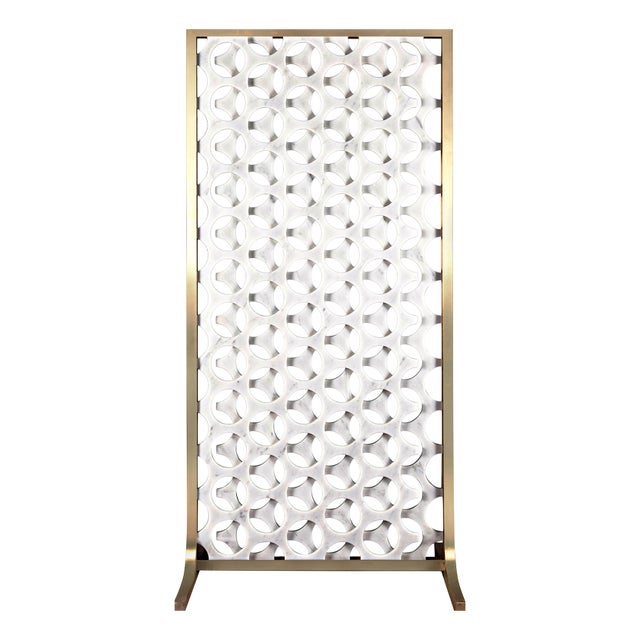 Large Screen in White Carrara Marble and Brushed Brass by Bufalini Marmi For Sale