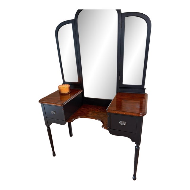 Vintage Satin Black & Oak Vanity With Tri-Fold Mirror | Refinished Makeup Vanity Desk For Sale
