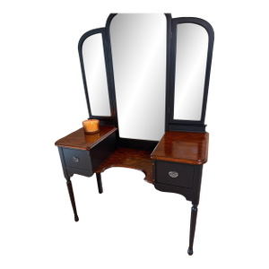 Vintage Satin Black & Oak Vanity With Tri-Fold Mirror | Refinished Makeup Vanity Desk